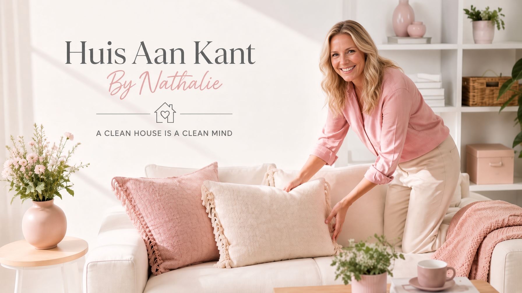 Nathalie schikt kussens op een lichte bank in een opgeruimde woonkamer, met de tekst Huis Aan Kant By Nathalie – a clean house is a clean mind