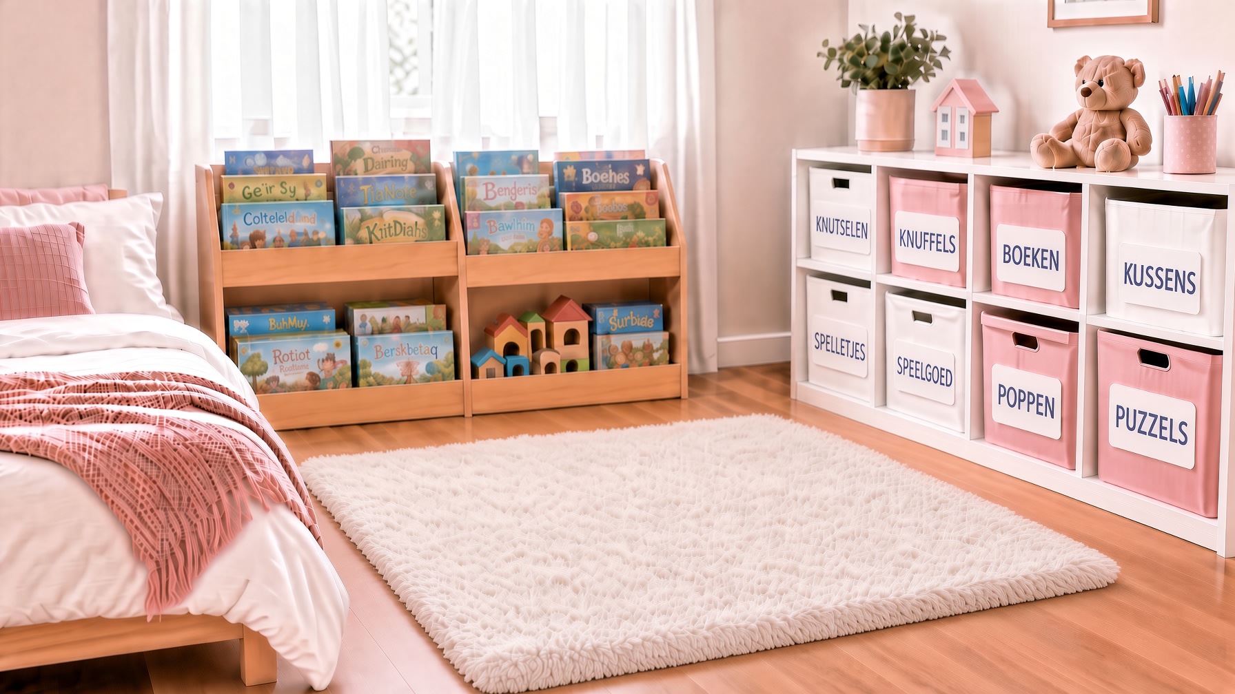 Kinderkamer met gelabelde opbergmanden voor speelgoed, boeken, puzzels en knuffels