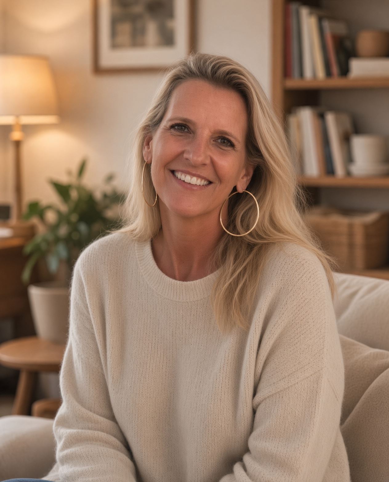 Portret van Nathalie de Bles, professional organizer, lachend in een warm verlichte woonkamer
