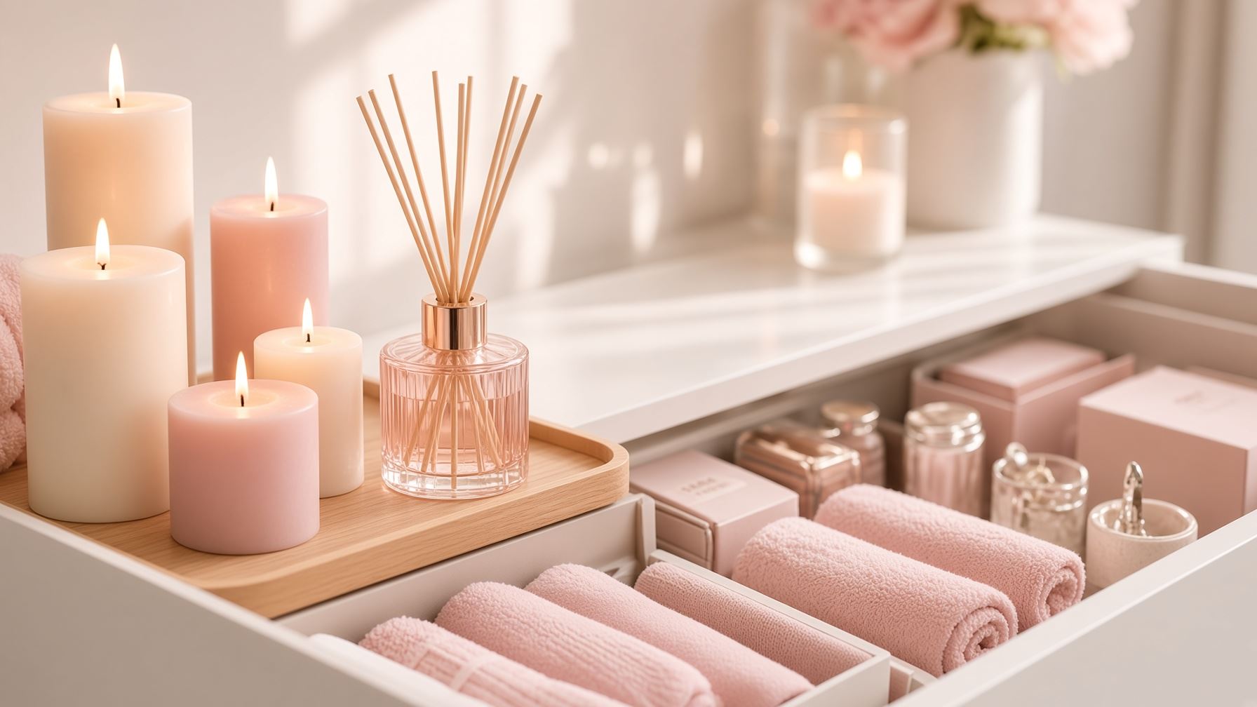 Geordende lade met opgerolde roze handdoekjes en doosjes, naast kaarsen op een houten dienblad