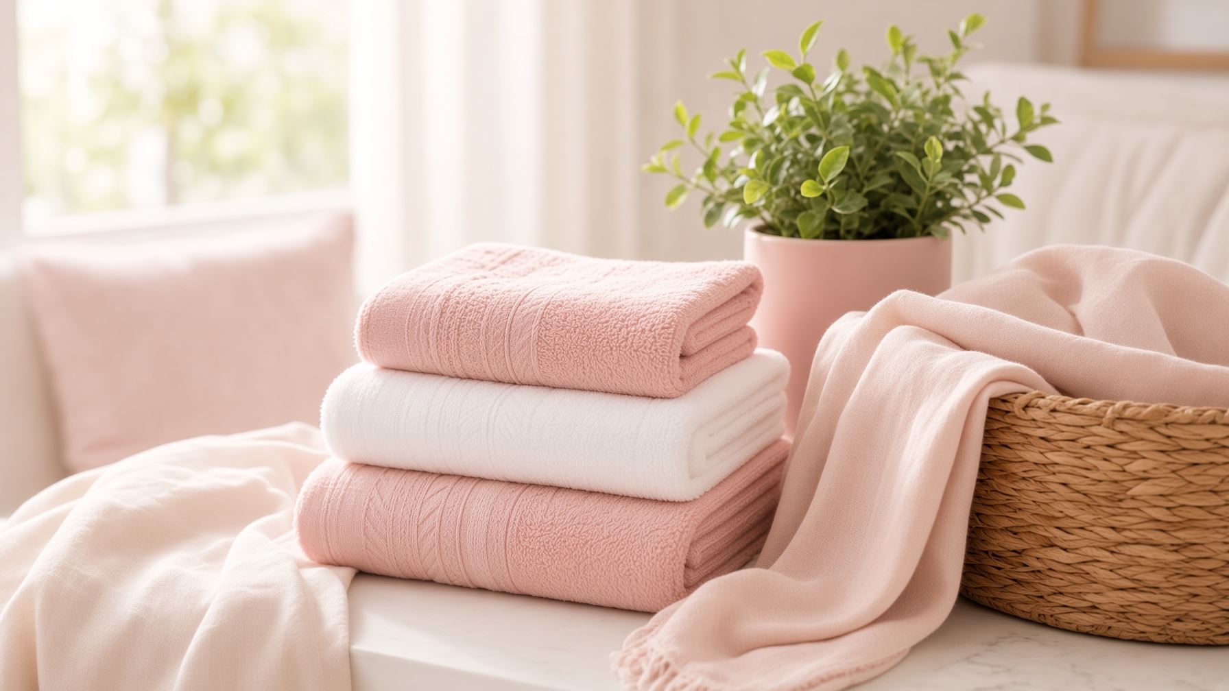 Stapel opgevouwen roze en witte handdoeken naast een rieten mand en een plantje