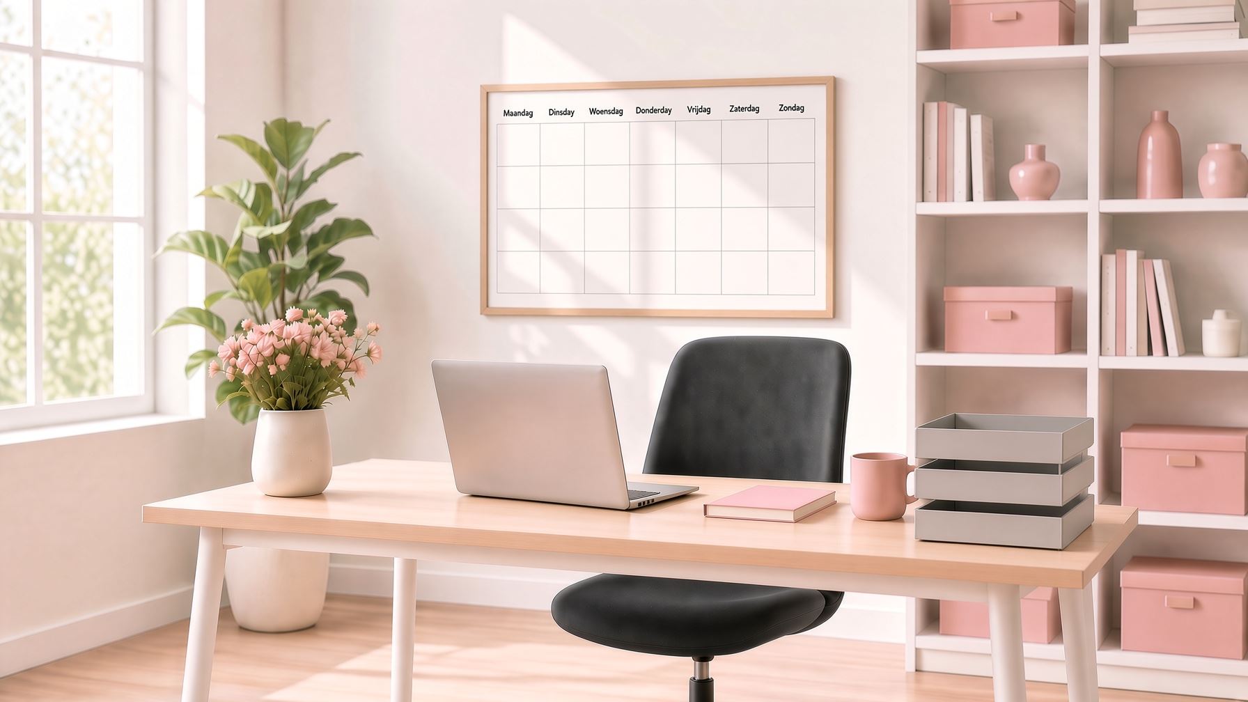 Opgeruimd thuiskantoor met leeg bureau, laptop, weekplanner en gesorteerde opbergdozen