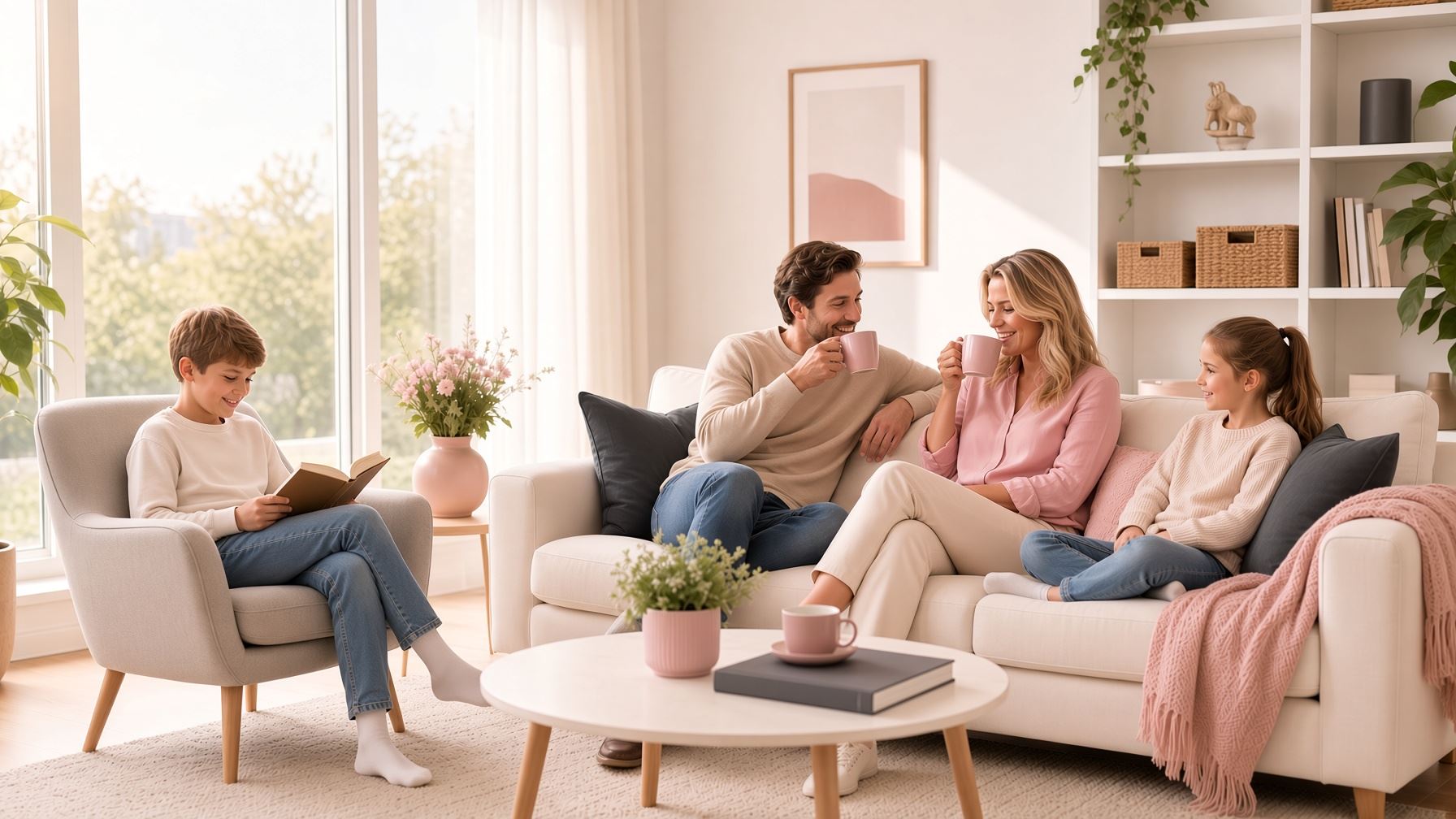 Gezin ontspant samen met koffie in een lichte, opgeruimde woonkamer